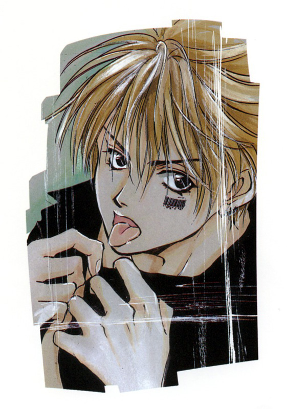 yuki kaori, mudou setsuna, angel cage, angel sanctuary, artbook, 1boy, :p, barcode, black eyes, blonde hair, earrings, jewelry, male focus, short hair, solo, tattoo, tongue, tongue out