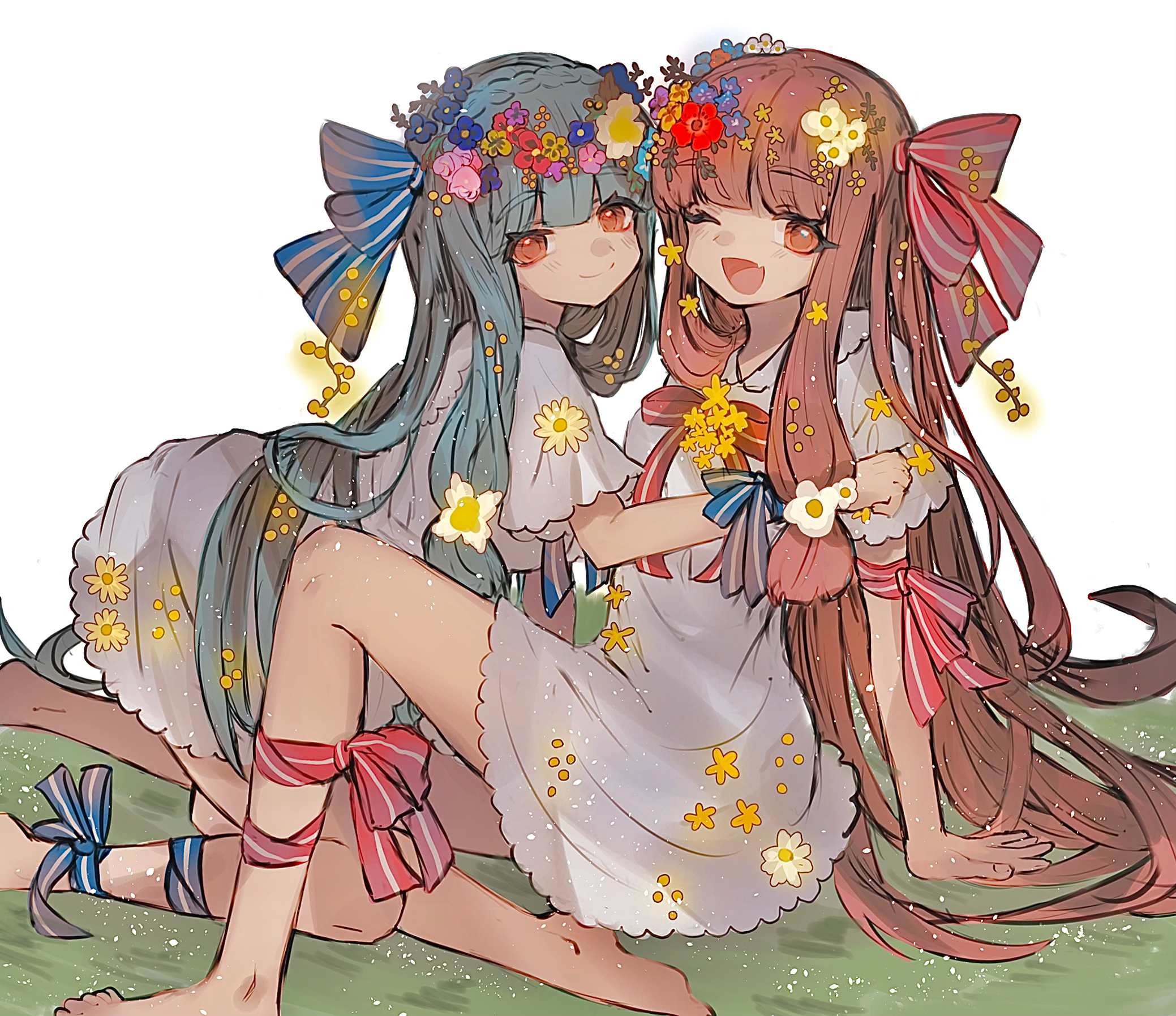 imamiya pinoko, kotonoha akane, kotonoha aoi, voiceroid, highres, 2girls, :d, barefoot, blue hair, fang, flower, hair flower, hair ornament, long hair, multiple girls, one eye closed, open mouth, orange eyes, red hair, siblings, sisters, skin fang, smile