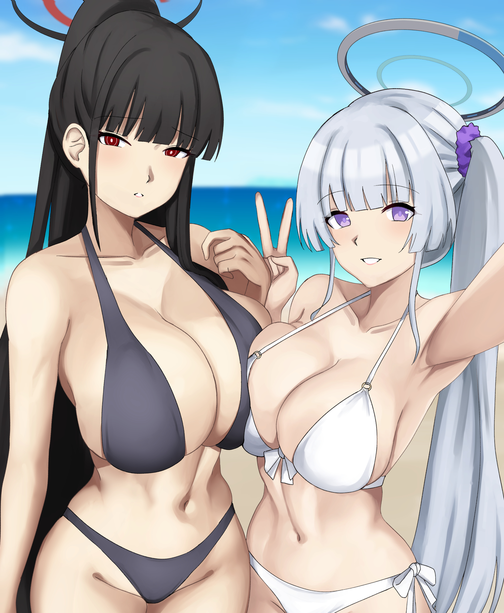 cyka, noa (blue archive), rio (blue archive), blue archive, highres, 2girls, alternate costume, alternate hairstyle, armpits, asymmetrical docking, bare arms, bare legs, bare shoulders, bikini, black bikini, black hair, blue halo, blush, breast press, breasts, cleavage, cleavage cutout, closed mouth, clothing cutout, full body, halo, hand on own hip, large breasts, long hair, looking at viewer, mechanical halo, multiple girls, navel, open mouth, parted lips, ponytail, purple eyes, red eyes, red hair, red halo, selfie, side ponytail, sideboob, smile, solo, stomach, swimsuit, v, very long hair, white bikini, white hair