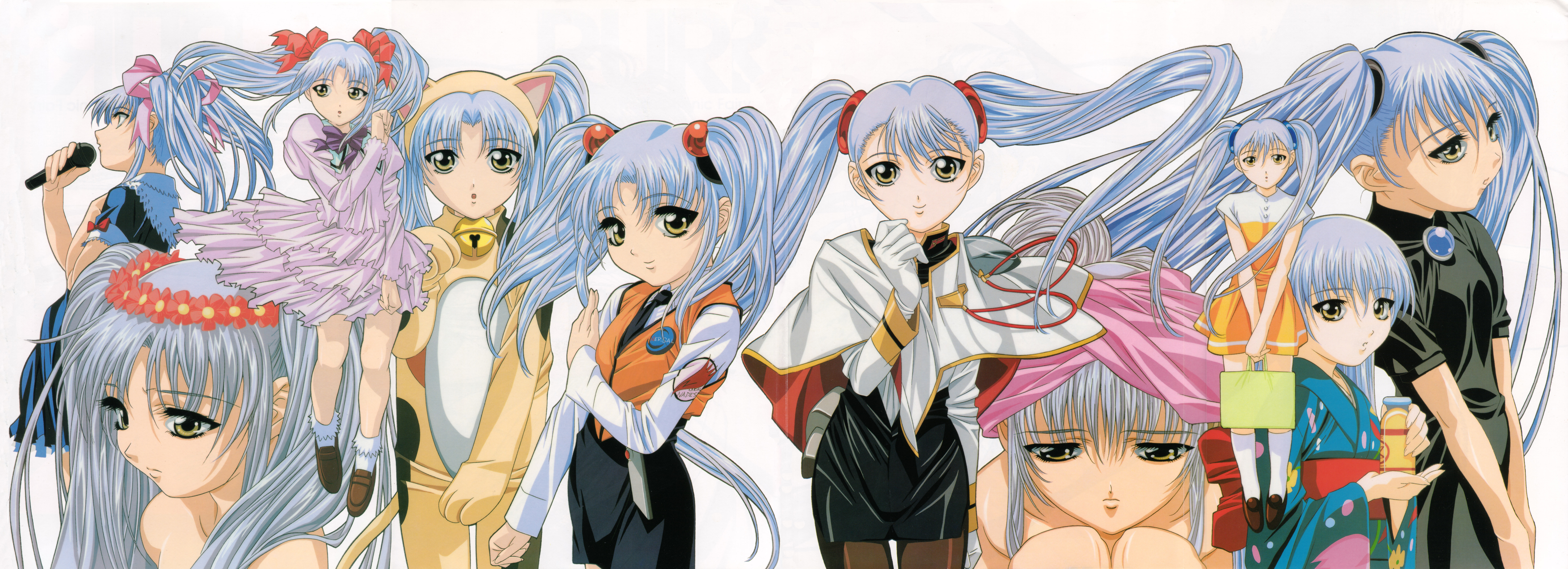gotou keiji, hoshino ruri, kidou senkan nadesico, kidou senkan nadesico – prince of darkness, uniform, absurdres, highres, long image, wide image, 1990s (style), 1girl, animal costume, bare shoulders, cat costume, dress, frills, karaoke, pantyhose, retro artstyle, twintails