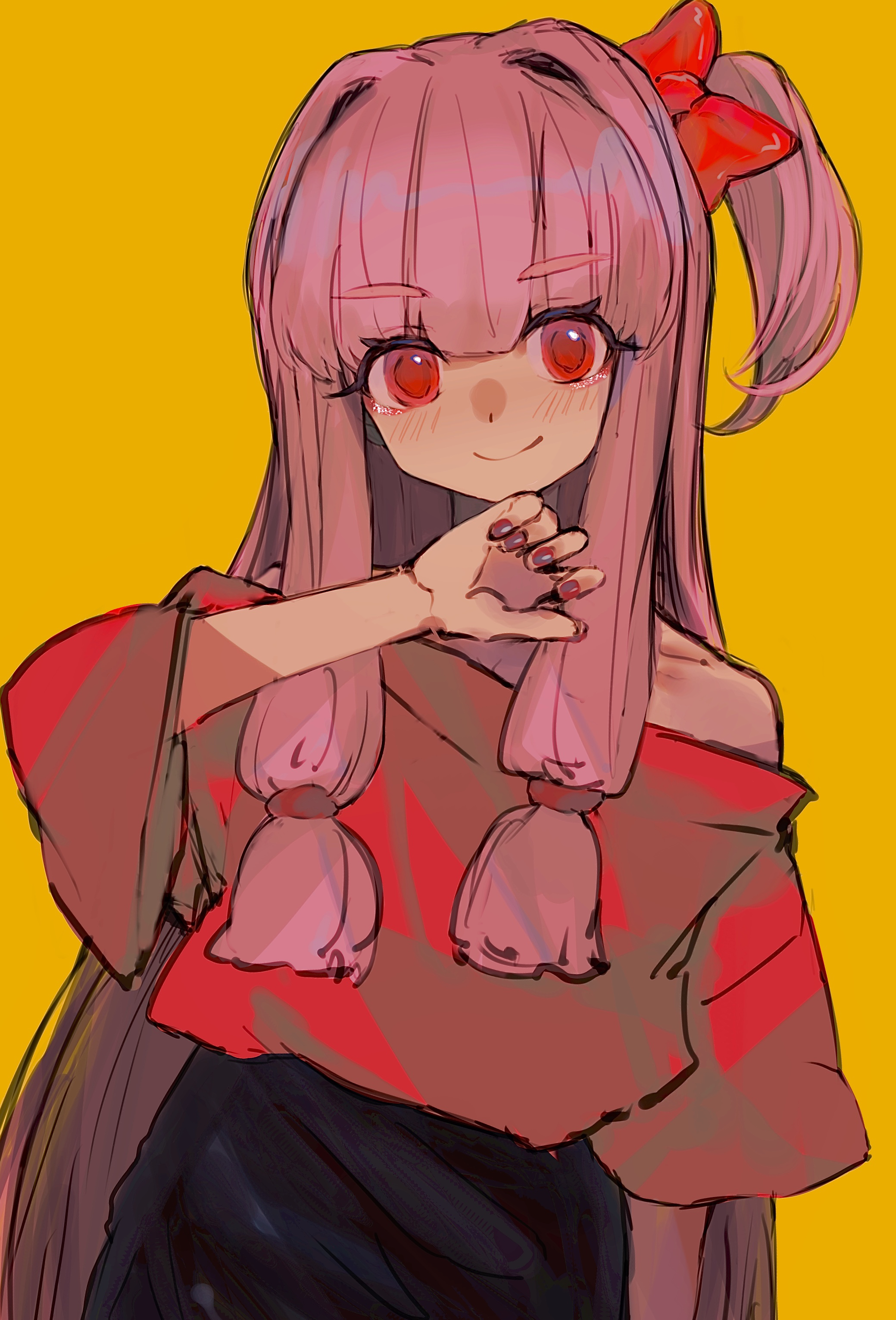 imamiya pinoko, kotonoha akane, voiceroid, absurdres, highres, 1girl, hair intakes, long hair, one side up, pink hair, red eyes, simple background, smile, solo, upper body, yellow background