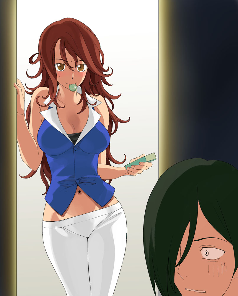 a1 (initial-g), allelujah haptism, sumeragi lee noriega, gundam, gundam 00, 00s, 1boy, 1girl, blush, breasts, brown eyes, brown hair, cleavage, condom, condom in mouth, contrapposto, curvy, hip focus, large breasts, midriff, mouth hold, navel, smile, standing, wide hips, you gonna get raped