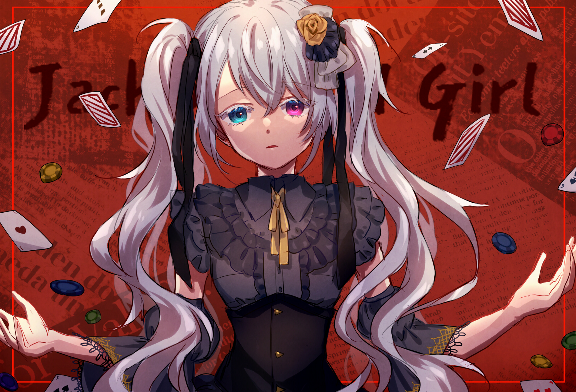 awase tsukasa, 25-ji miku, hatsune miku, project sekai, vocaloid, commentary request, highres, 1girl, ace (playing card), ace of clubs, ace of diamonds, ace of hearts, black corset, black ribbon, black shirt, black sleeves, blue eyes, bow, breasts, buttons, card, center frills, checkers piece, club (shape), collared shirt, colored eyelashes, corset, detached sleeves, diamond (shape), english text, flower, frilled shirt, frills, gold buttons, grey bow, grey hair, hair bow, hair flower, hair ornament, hair ribbon, hands up, heart, heterochromia, inset border, long hair, long sleeves, looking at viewer, neck ribbon, orange flower, orange rose, parted lips, pink eyes, playing card, puffy sleeves, red background, ribbon, rose, shirt, short sleeves, simple background, small breasts, solo, twintails, upper body, wavy hair, white eyelashes, wide sleeves, yellow ribbon