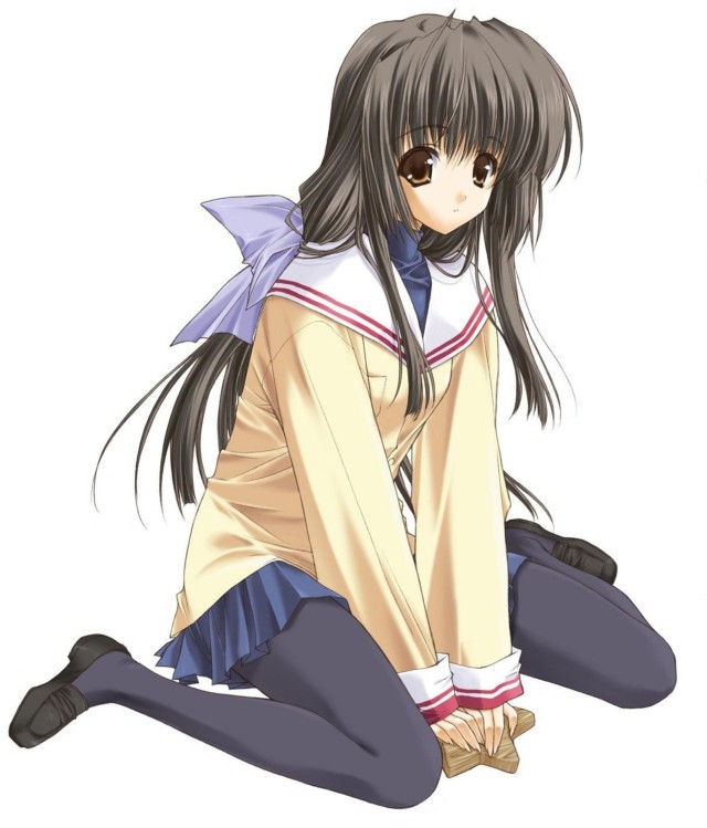 suzuhira hiro, ibuki fuuko, clannad, 00s, black pantyhose, black shoes, brown eyes, brown hair, long hair, low ponytail, pantyhose, ponytail, school uniform, serafuku, shoes, solo