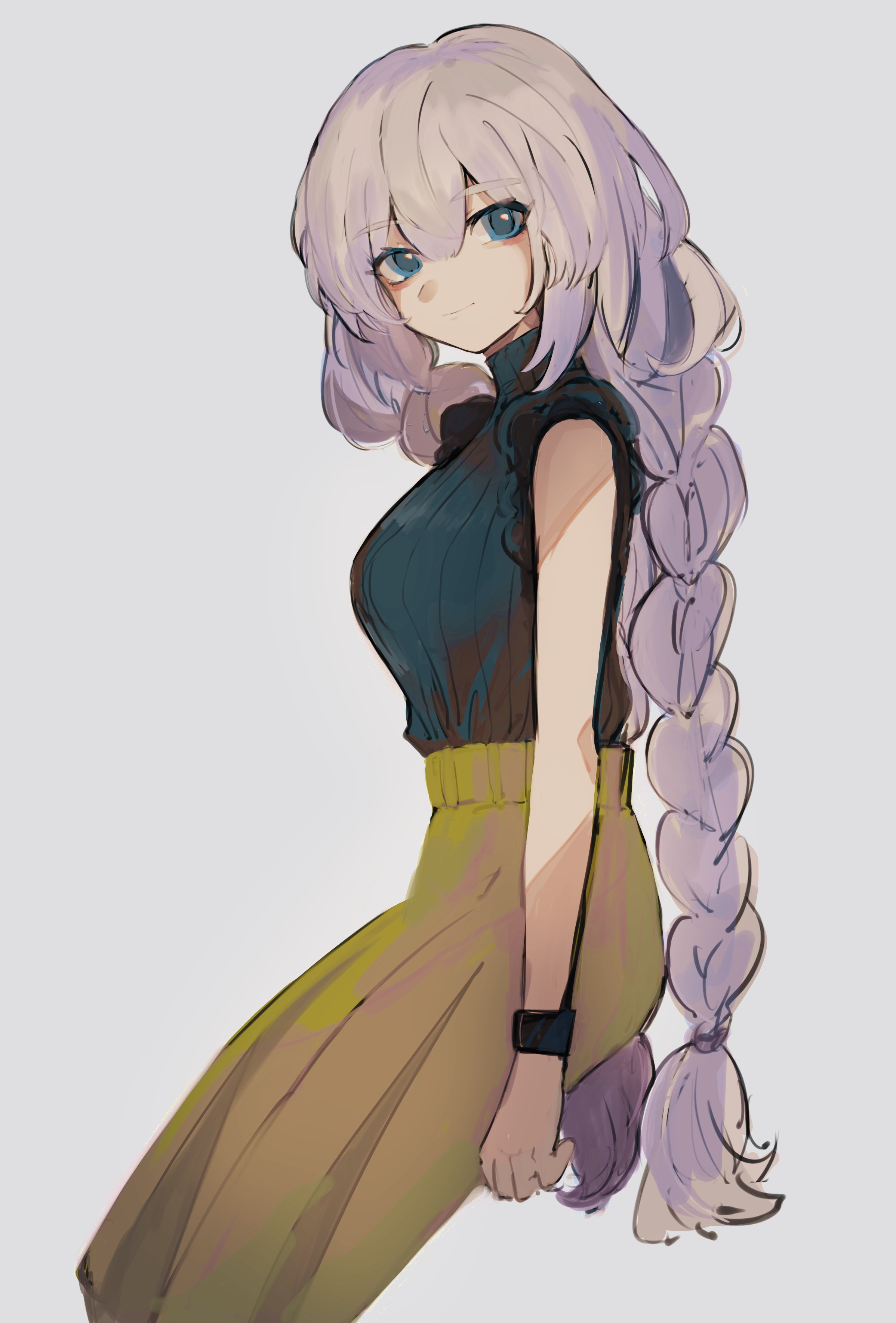 imamiya pinoko, kizuna akari, voiceroid, absurdres, highres, 1girl, blue eyes, braid, breasts, high-waist skirt, large breasts, light smile, long hair, simple background, skirt, sleeveless, solo, sweater, turtleneck, turtleneck sweater, twin braids, white hair