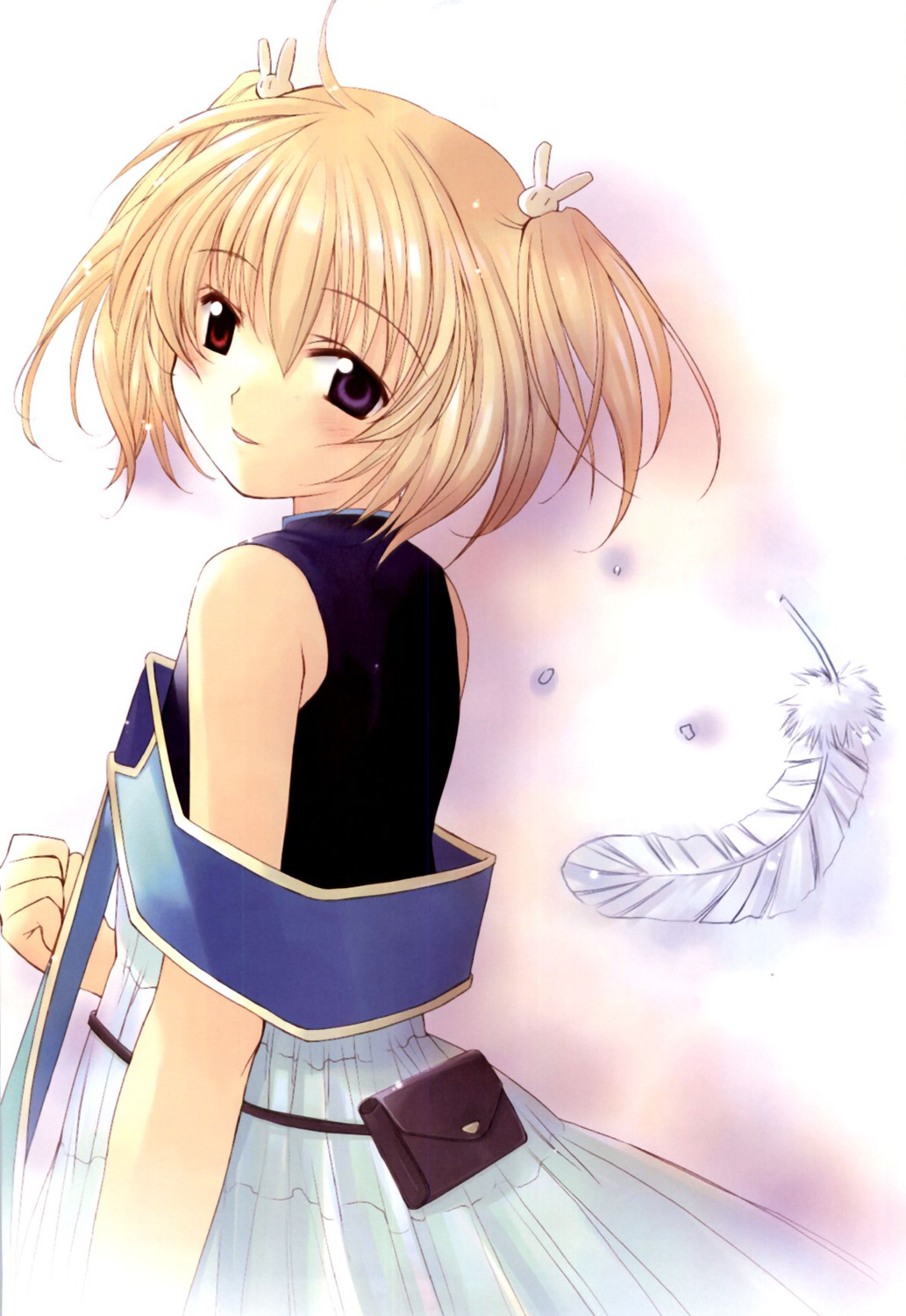 naruse chisato, lasty farson, angelic serenade, angelic serenade art collection, tenbatsu angel rabbie, light brown hair, artbook, highres, 1girl, bag, bare shoulders, blue eyes, dress, feathers, female focus, hair ornament, heterochromia, looking at viewer, looking to the side, rabbit hair ornament, red eyes, smile, solo, trapeze dress, two side up, white dress