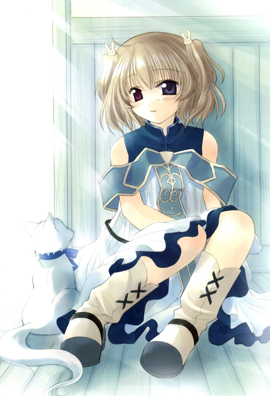 naruse chisato, lasty farson, angelic serenade, angelic serenade art collection, tenbatsu angel rabbie, light brown hair, artbook, highres, 1girl, black boots, blue dress, blue eyes, blue ribbon, boots, cat, day, dress, eyebrows hidden by hair, female focus, hair ornament, heterochromia, light blush, looking at viewer, multicolored boots, off-shoulder dress, off shoulder, rabbit hair ornament, red eyes, ribbon, sitting, smile, solo, two side up, white boots, white dress, wooden floor, wooden wall