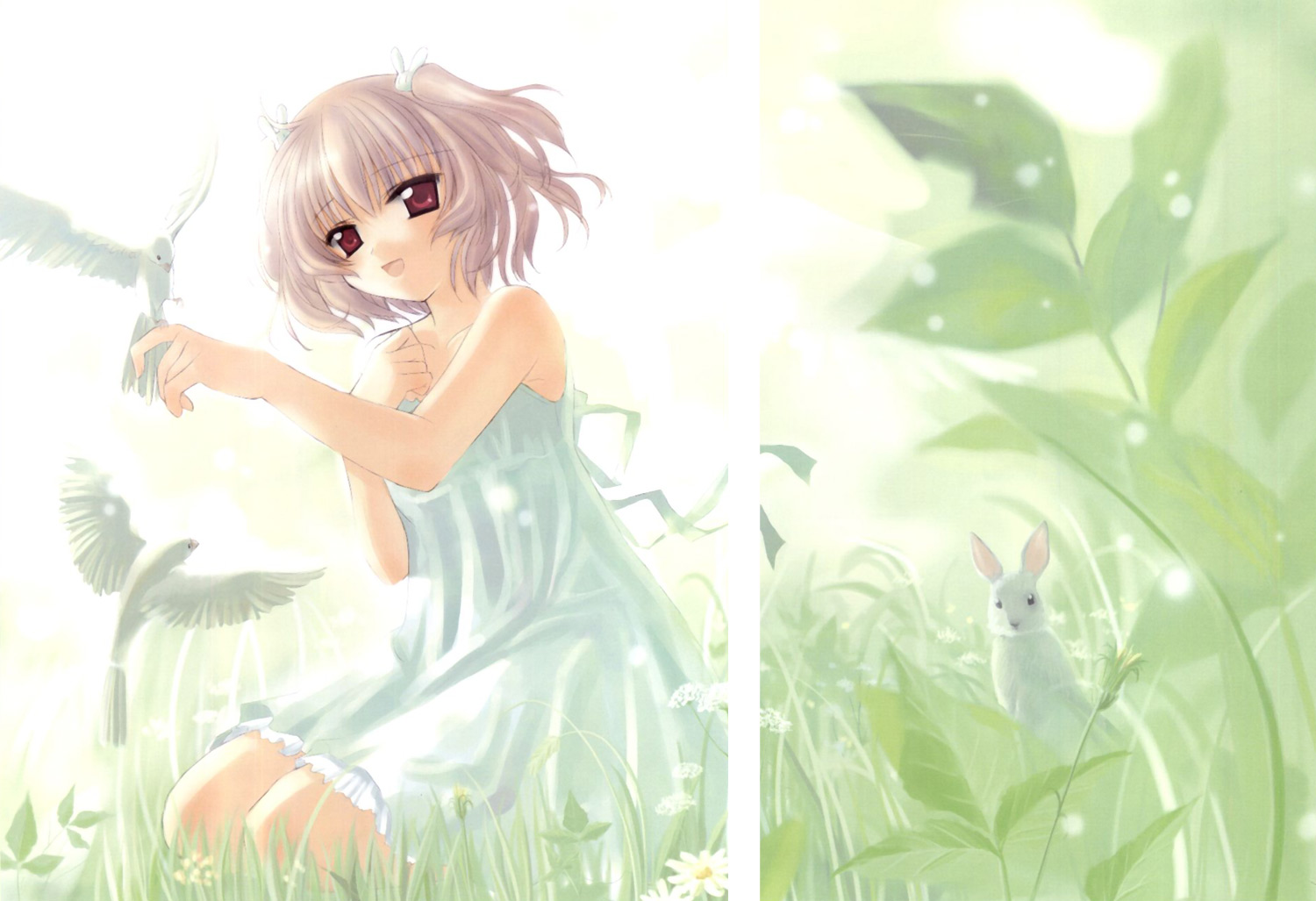 kogado, naruse chisato, lasty farson, angelic serenade, angelic serenade art collection, tenbatsu angel rabbie, artbook, 1girl, bare shoulders, bird, bird on hand, female focus, flower, grass, hair ornament, nature, rabbit, rabbit hair ornament, red eyes, solo