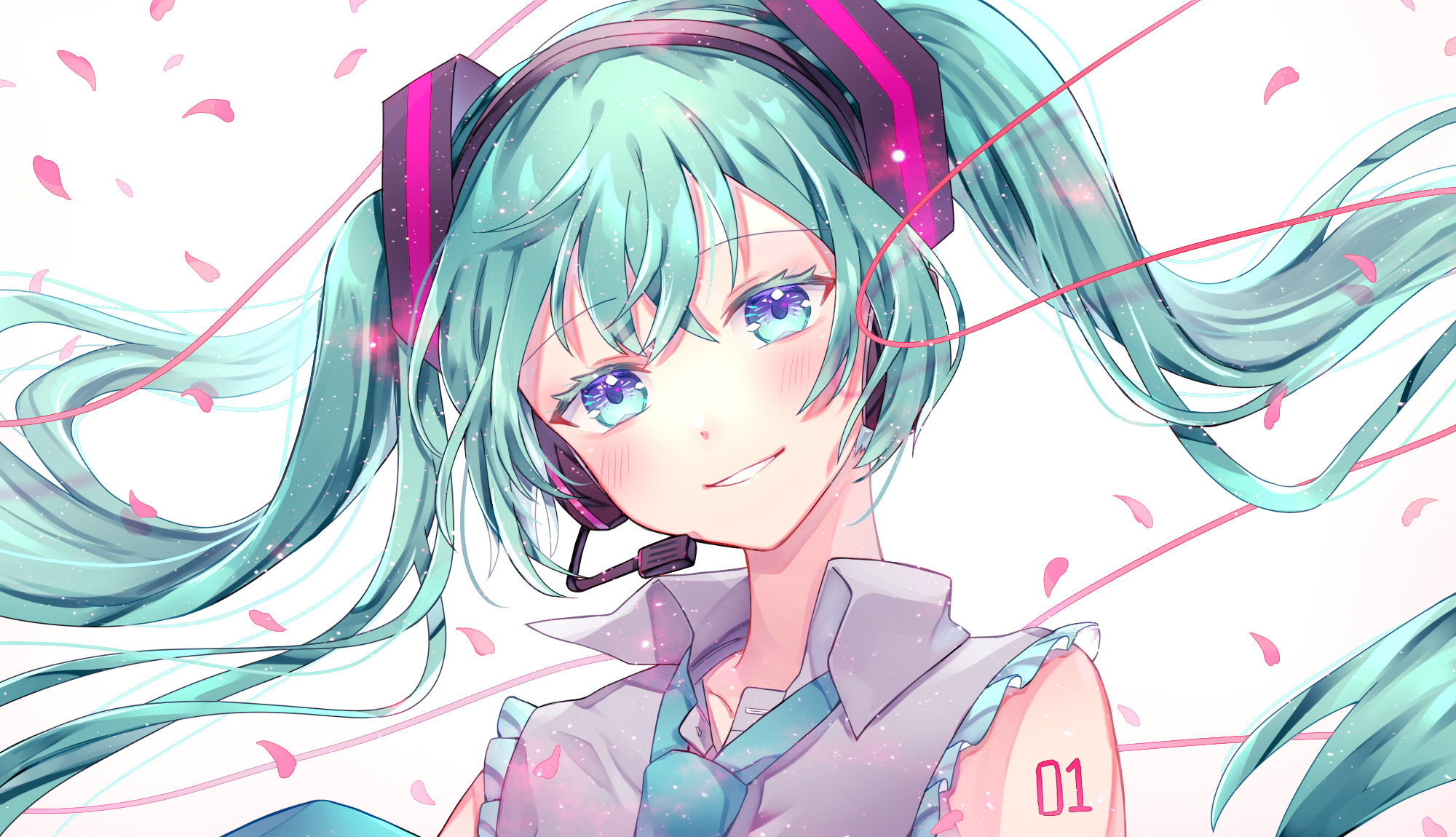 awase tsukasa, hatsune miku, vocaloid, commentary request, highres, 1girl, :d, aqua eyes, aqua hair, aqua necktie, bare shoulders, blush, collarbone, collared shirt, colored eyelashes, crossed bangs, flat chest, floating hair, frilled shirt, frills, grey shirt, grin, hair between eyes, hair ornament, head tilt, headphones, headset, light particles, long hair, looking at viewer, necktie, number tattoo, open mouth, pink petals, portrait, shirt, shoulder tattoo, simple background, sleeveless, sleeveless shirt, smile, solo, tattoo, twintails, white background