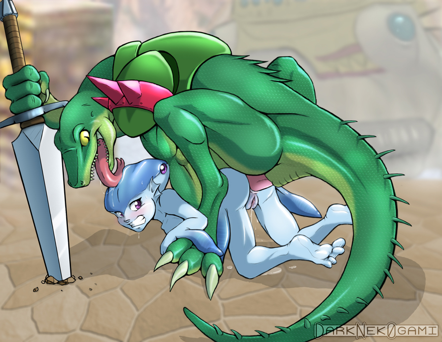 darknekogami, lizalfos, princess ruto, nintendo, the legend of zelda, anal, anus, barefoot, blush, clenched teeth, cum, doggystyle, dripping, feet, from behind, furry, licking, lizard, monster, monster girl, nude, outdoors, pain, penis, pussy, rape, sex, sex from behind, soles, spread legs, spread toes, sword, teeth, toes, uncensored, weapon, zora