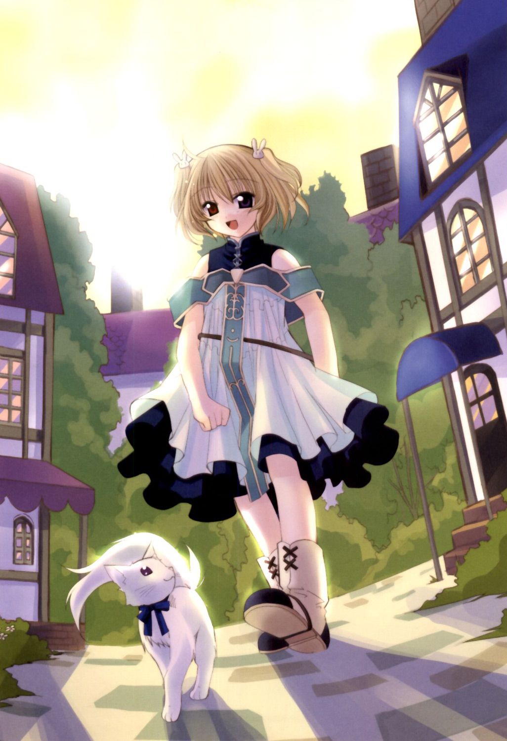 kogado, naruse chisato, lasty farson, angelic serenade, angelic serenade art collection, tenbatsu angel rabbie, artbook, highres, 1girl, blue eyes, bow, cat, female focus, hair ornament, heterochromia, outdoors, rabbit hair ornament, red eyes, solo, sun, trapeze dress
