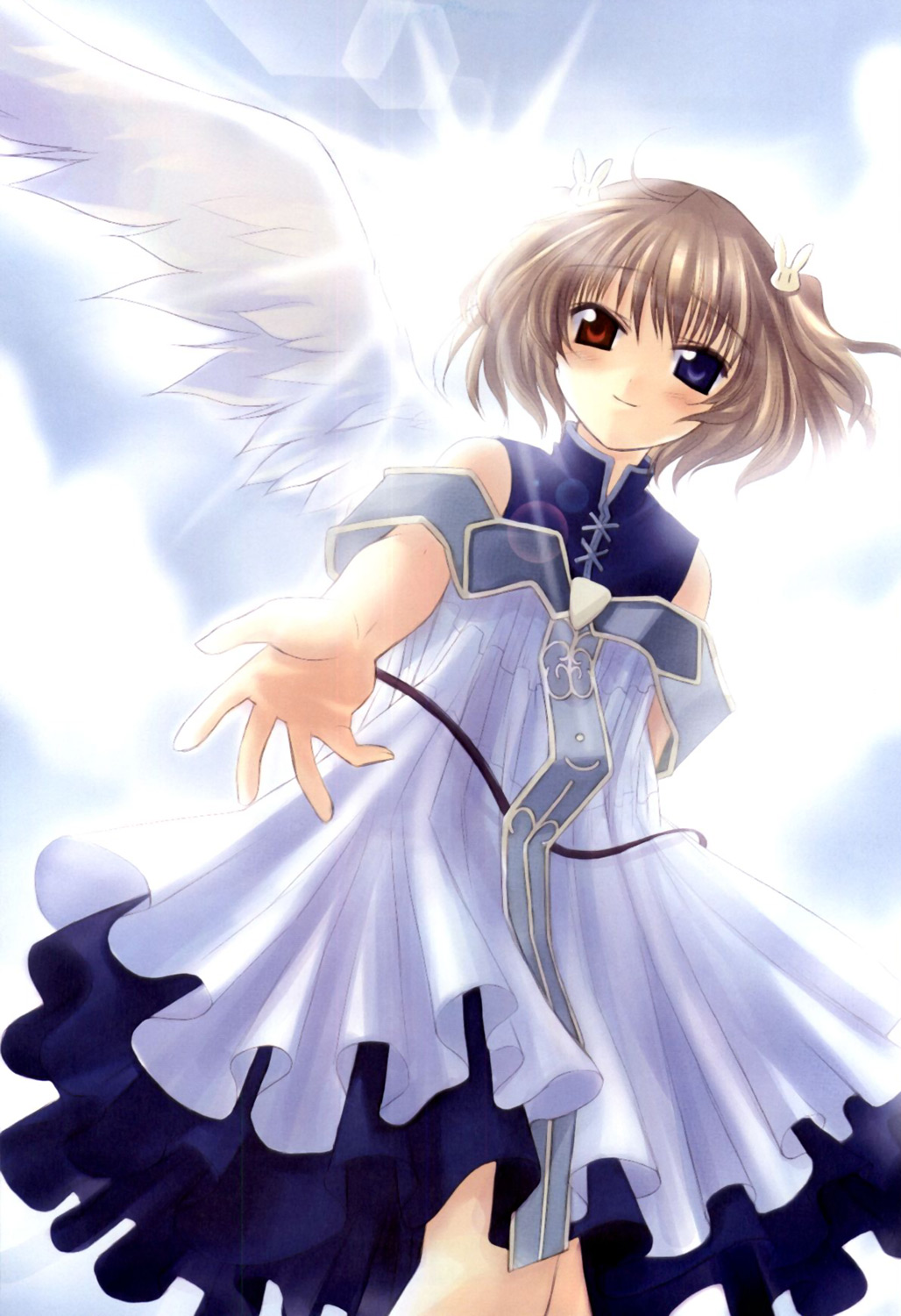 naruse chisato, lasty farson, angelic serenade, angelic serenade art collection, tenbatsu angel rabbie, artbook, highres, 1girl, blush, cloud, day, female focus, hair ornament, heterochromia, lens flare, outdoors, rabbit hair ornament, solo, sun, trapeze dress, wings