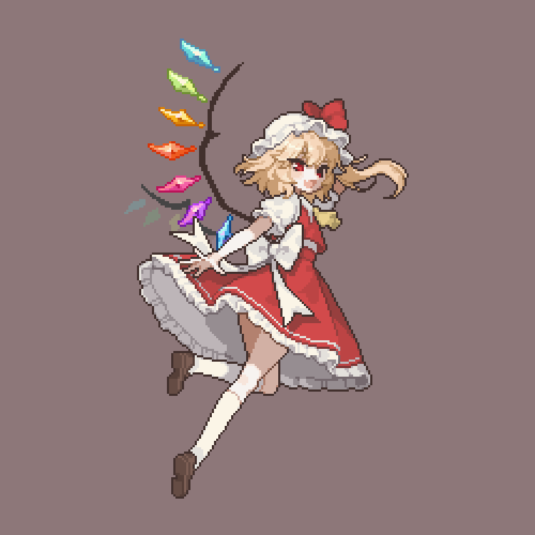 17antares, flandre scarlet, touhou, hashtag-only commentary, 1girl, arm behind head, ascot, blonde hair, bow, brown shoes, crystal wings, fang, frilled skirt, frills, full body, grey background, hat, hat bow, kneehighs, looking at viewer, looking back, mob cap, open mouth, pixel art, puffy short sleeves, puffy sleeves, red bow, red eyes, red shirt, red skirt, shirt, shoes, short sleeves, side ponytail, simple background, skirt, socks, solo, white bow, white socks, wings, yellow ascot