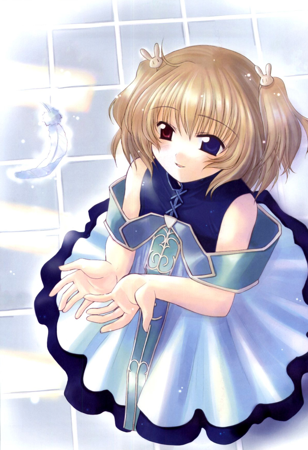 naruse chisato, lasty farson, angelic serenade, angelic serenade art collection, tenbatsu angel rabbie, artbook, highres, 1girl, circle skirt, feathers, female focus, hair ornament, heterochromia, rabbit hair ornament, solo, trapeze dress