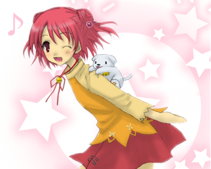 yagami coco, ever 17, 1girl, ;d, arms at sides, bell, blush, creature, female focus, hair bobbles, hair ornament, long sleeves, looking at viewer, miniskirt, musical note, one eye closed, open mouth, red eyes, red hair, red skirt, skirt, smile, solo, star (symbol)