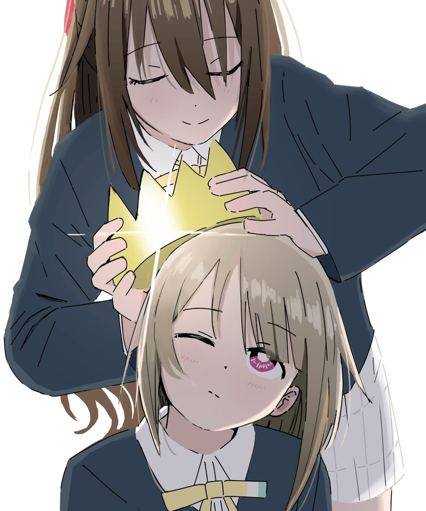 yozorapi, nakasu kasumi, osaka shizuku, love live!, love live! nijigasaki high school idol club, hashtag-only commentary, 2girls, black jacket, brown hair, closed eyes, closed mouth, collared shirt, crown, glint, hair between eyes, holding, holding crown, jacket, long hair, long sleeves, multiple girls, neck ribbon, nijigasaki school uniform, one eye closed, pink eyes, ribbon, school uniform, shirt, short hair, sidelocks, simple background, skirt, smile, white background, white shirt, white skirt, yellow ribbon