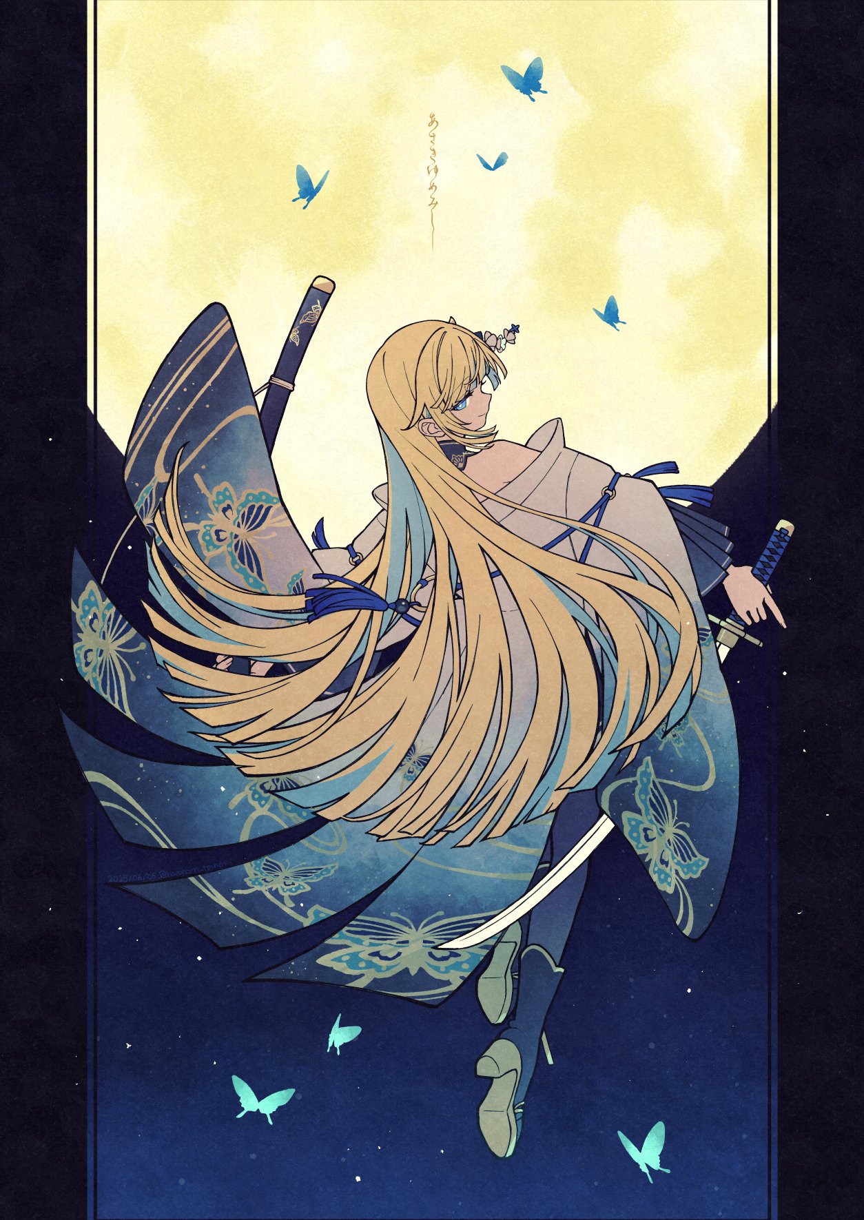 haremoto, aizawa ema, aizawa ema (5th costume), vspo!, hashtag-only commentary, highres, 1girl, animal print, aqua hair, blonde hair, blue boots, blue butterfly, blue eyes, boots, bright pupils, bug, butterfly, butterfly print, from behind, full body, full moon, gradient clothes, gradient kimono, hair spread out, holding, holding sheath, holding sword, holding weapon, insect, japanese clothes, kimono, long hair, looking back, moon, moon background, multicolored hair, off shoulder, pillarboxed, profile, sheath, shoe soles, solo, sword, two-tone hair, very long hair, virtual youtuber, weapon