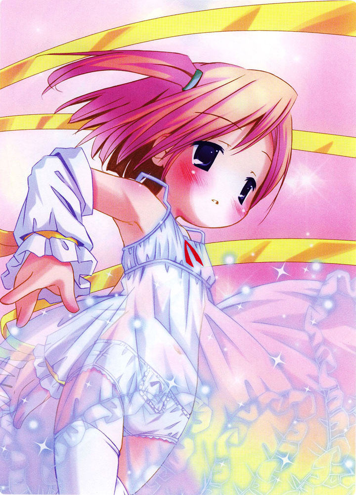 pop, nijihara ink, moetan, 00s, 1girl, blue eyes, blush, loli, panties, pink hair, ribbon, underwear