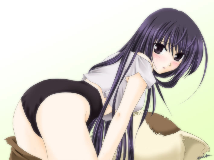 min, komachi tsugumi, ever 17, 1girl, :o, ass, back, bare shoulders, bent over, blue eyes, blue hair, blush, buruma, costume, crop top, embarrassed, female focus, from behind, long hair, looking back, matching hair/eyes, signature, solo, strap slip, very long hair