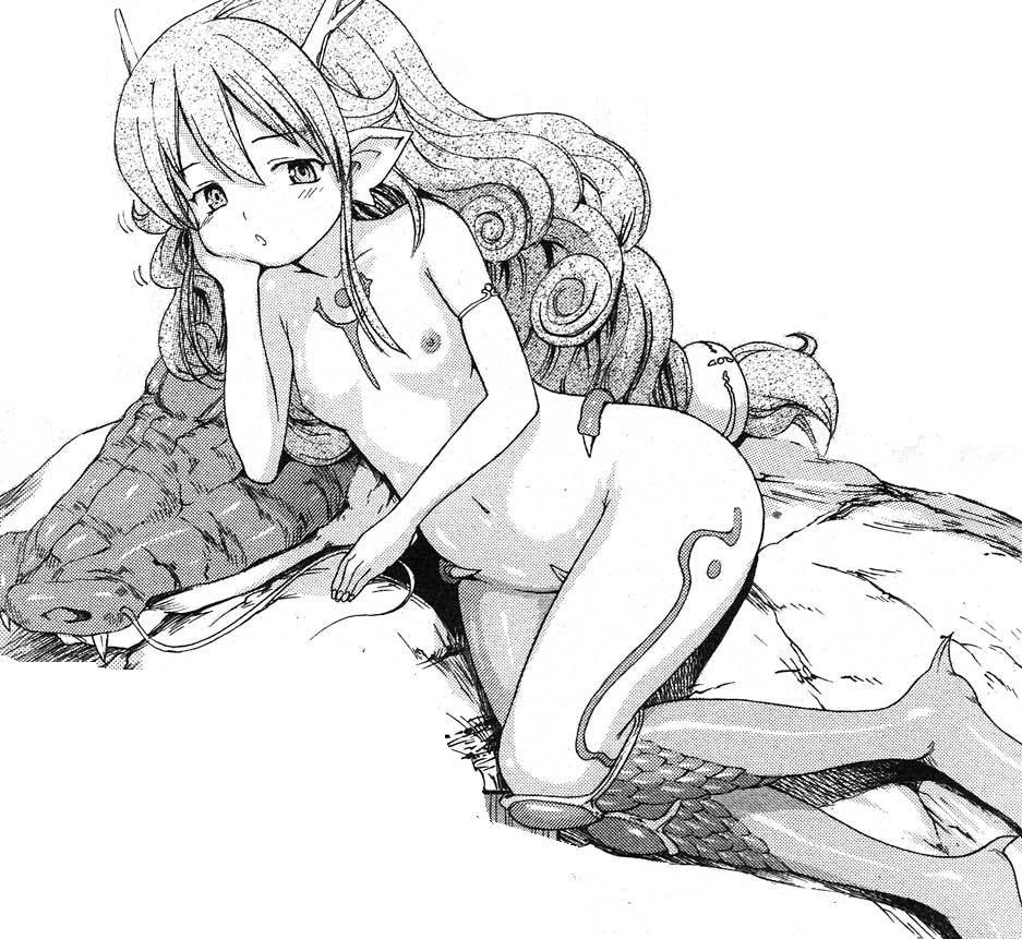 1girl, dragon, dragon girl, fang, female focus, flat chest, greyscale, horns, loli, monochrome, monster girl, nipples, pointy ears, solo, tattoo