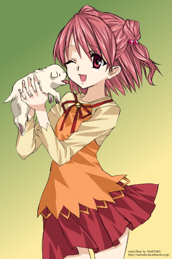 maetaku, yagami coco, ever 17, 1girl, ;d, animal, baby animal, bell, dog, double bun, female focus, flat chest, hair bobbles, hair bun, hair ornament, holding, jingle bell, one eye closed, open mouth, pink hair, pleated skirt, puppy, raglan sleeves, red eyes, ribbon, short hair, short twintails, skirt, smile, solo, standing, thigh gap, tongue, twintails