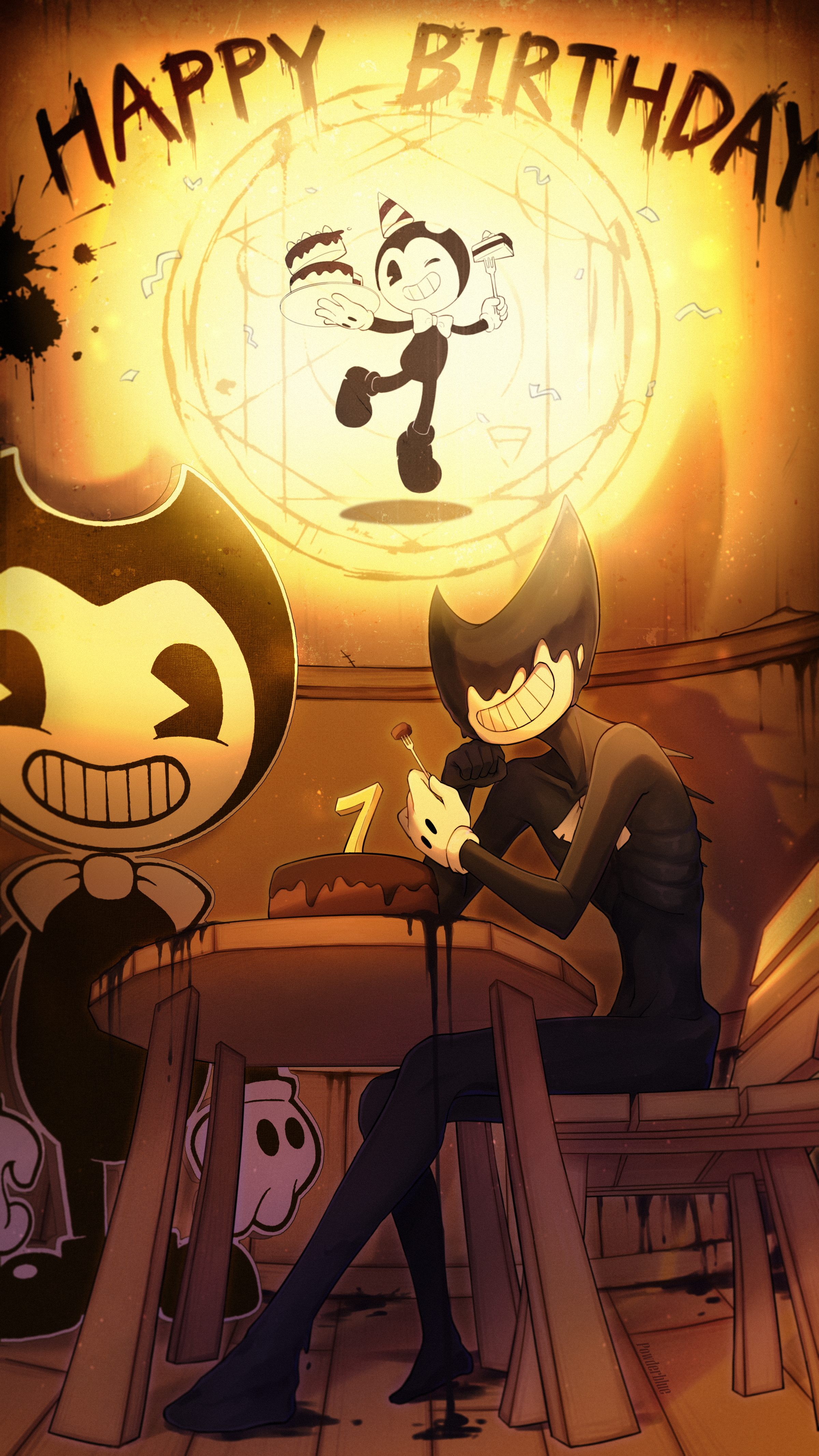 powderblue lan, bendy, bendy and the ink machine, absurdres, chinese commentary, commentary request, highres, 1boy, :d, ;d, bow, bowtie, cake, cardboard cutout, chair, confetti, eating, fewer digits, food, fork, from below, full body, gloves, grin, hand on own cheek, hand on own face, happy birthday, hat, holding, holding fork, holding plate, horns, ink, knees together feet apart, male focus, no eyes, on chair, one eye closed, open mouth, party hat, plate, sepia, single glove, sitting, smile, table, traditional bowtie, vignetting, wooden chair, wooden floor, wooden table