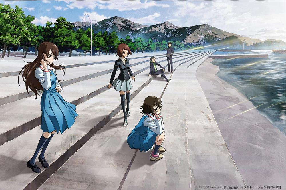 sekiguchi kanami, andou aiko, isurugi noe, nakagami shin'ichirou, nobuse miyokichi, yuasa hiromi, true tears, 00s, 2boys, 3girls, boots, brown hair, day, hair ornament, long hair, multiple boys, multiple girls, school uniform, serafuku, short hair, sitting, sky, stairs
