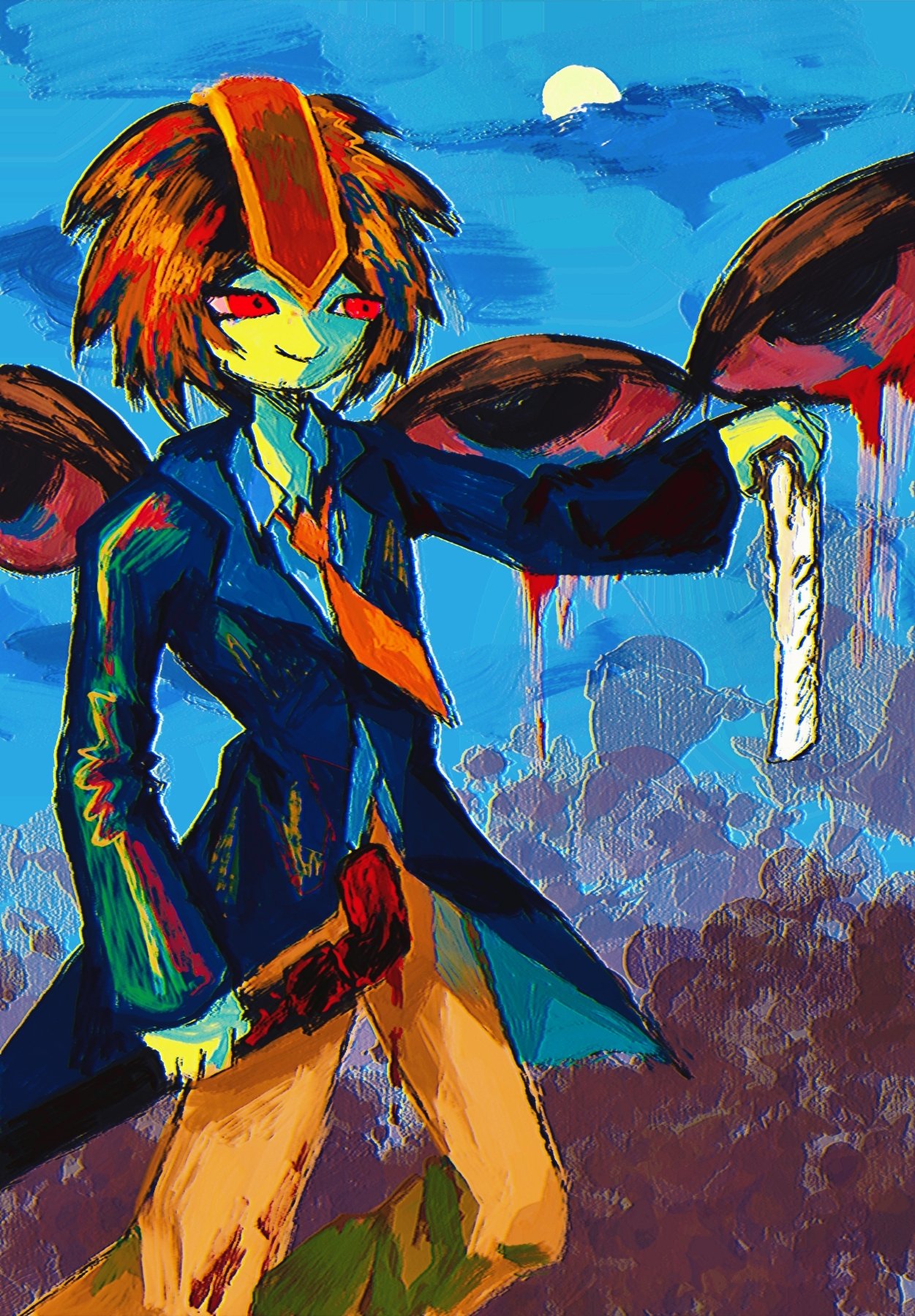 kokutenshi hibaru, len'en, highres, 1other, androgynous, blood, blood drip, blood on clothes, bloodshot eyes, bloody tears, blue coat, blue sky, brown hair, brown pants, business suit, closed mouth, cloud, coat, collared coat, collared shirt, dress pants, evil smile, eye of senri, eyes on wings, feet out of frame, formal clothes, happy, headgear, holding, holding lead pipe, holding paper, kaninet, lapels, lead pipe, long sleeves, necktie, notched lapels, orange necktie, other focus, pants, paper, red eyes, shirt, short hair, sky, smile, solo, spread wings, suit, sun, tree, white shirt