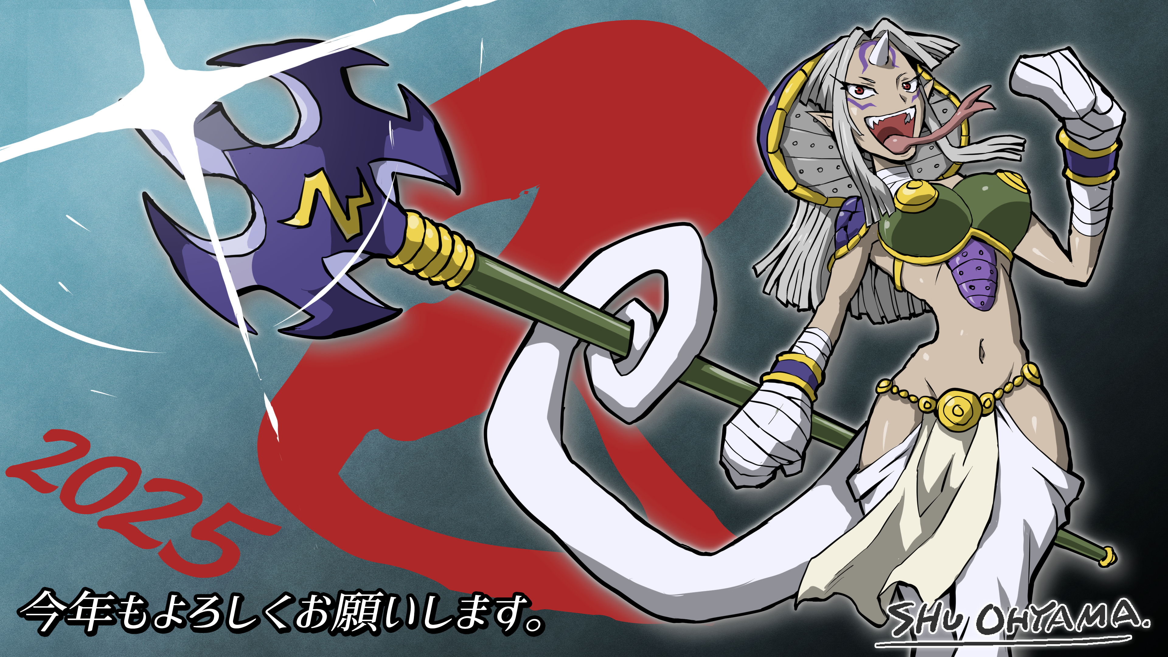 sandiramon, snake (chinese zodiac), digimon, axe, bandages, breasts, chinese new year, chinese zodiac, deva (digimon), happy new year, horns, lamia, monster girl, new year, pixiv user (483039), tail, tongue, tongue out, year of the snake