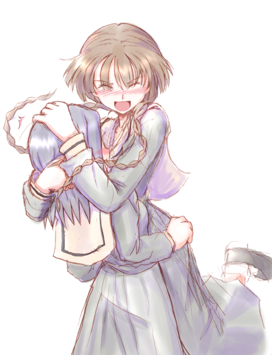 sasaki akira (ugc), arima nana, nijou noriko, shimazu yoshino, maria-sama ga miteru, 00s, 2girls, :d, ^ ^, blue hair, brown hair, closed eyes, dress, green dress, hug, leg up, loafers, long sleeves, multiple girls, open mouth, pleated dress, sailor collar, sailor dress, school uniform, serafuku, shoes, short hair, simple background, smile, standing, standing on one leg, white background, yuri