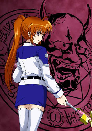 midori (searchlight), raising heart, takamachi nanoha, lyrical nanoha, mahou shoujo lyrical nanoha, mahou shoujo lyrical nanoha strikers, lowres, 00s, 1girl, female focus, magazine (weapon), magic circle, military, military uniform, octagram, side ponytail, solo, thighhighs, white devil