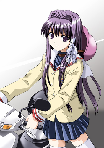 midori (searchlight), fujibayashi kyou, clannad, vehicle, lowres, 00s, 1girl, blazer, blue skirt, buttons, female focus, hair intakes, jacket, long hair, long sleeves, looking at viewer, motor vehicle, pleated skirt, purple eyes, purple hair, skirt, solo, thighhighs, very long hair, white thighhighs, zettai ryouiki