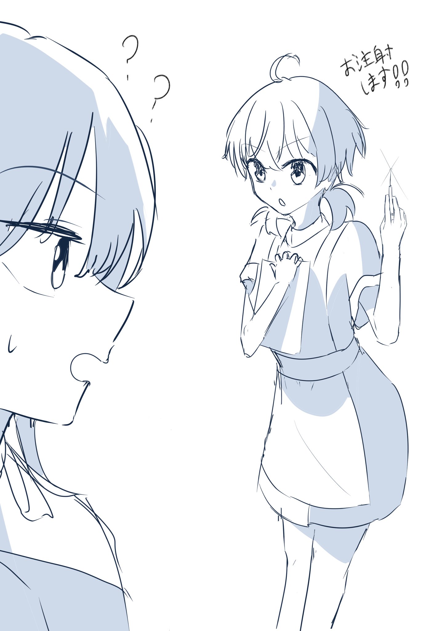 koito yuu, nanami touko, yagate kimi ni naru, commentary request, highres, translation request, 2girls, ahoge, dress, greyscale, holding, holding needle, low twintails, monochrome, multiple girls, needle, nobunaga (nbng g), nurse, open mouth, short hair, short sleeves, short twintails, sweatdrop, twintails