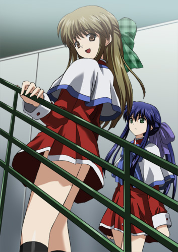midori (searchlight), kawasumi mai, kurata sayuri, kanon, lowres, 2girls, :d, black socks, blonde hair, blue eyes, blue hair, blush, bow, brown eyes, brown hair, capelet, hair bow, kneehighs, legs, long hair, looking at viewer, multiple girls, open mouth, purple hair, railing, red skirt, school uniform, serafuku, skirt, sleeve cuffs, smile, socks, standing