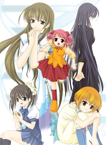 akanegasaki sora, komachi tsugumi, matsunaga sara, tanaka yubiseiakikana, tanaka yubiseiharukana, yagami coco, ever 17, 5girls, brown hair, china dress, chinese clothes, dress, everyone, hair ribbon, mother and daughter, multiple girls, orange hair, pink hair, ribbon