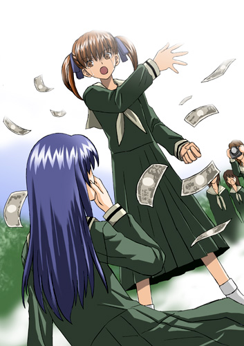 midori (searchlight), fukuzawa yumi, ogasawara sachiko, maria-sama ga miteru, lowres, 00s, 2girls, :o, blue hair, brown eyes, dress, green dress, long hair, long sleeves, money, multiple girls, neckerchief, open mouth, outdoors, sailor collar, sailor dress, school uniform, sitting, standing, twintails, very long hair, white neckerchief, yokozuwari