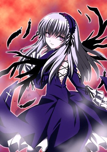 midori (searchlight), suigintou, rozen maiden, silver hair, lowres, 00s, 1girl, backless dress, backless outfit, black wings, blue dress, dress, expressionless, female focus, from behind, looking at viewer, looking back, pink eyes, shaded face, solo, wings