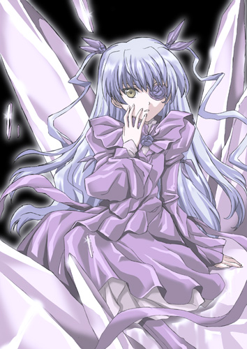 midori (searchlight), barasuishou, rozen maiden, silver hair, lowres, 00s, 1girl, crystal, doll, dress, eyepatch, female focus, flower, flower eyepatch, hair ribbon, hand on own face, long sleeves, looking at viewer, parted lips, purple dress, ribbon, rose, sitting, solo, twintails, two side up, yellow eyes