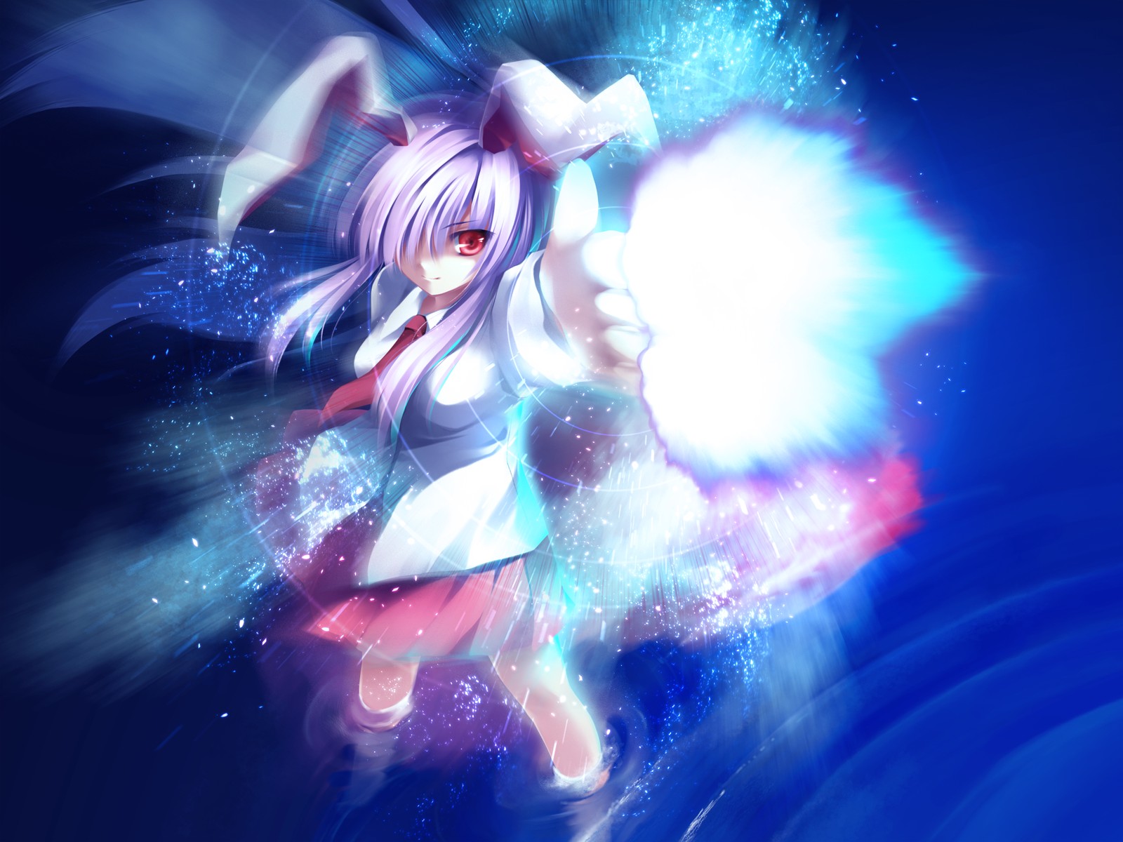 tateha (marvelous grace), reisen udongein inaba, imperishable night, touhou, light, highres, 1girl, animal ears, arm up, blue background, breasts, closed mouth, collared shirt, female focus, firing, floating hair, foreshortening, from above, glowing, hair over one eye, light particles, light rays, long hair, long sleeves, looking at viewer, looking up, medium breasts, motion blur, necktie, outstretched arm, photokinesis, pink skirt, pleated skirt, pointing, pointing at viewer, purple hair, rabbit ears, red eyes, red necktie, ripples, shirt, sidelocks, skirt, smile, solo, standing, wading, white shirt, wind