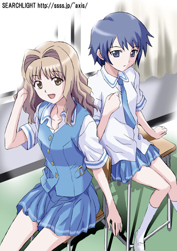 midori (searchlight), sakura kiri, yamanobe miki, cross channel, lowres, 2girls, :d, blonde hair, blue eyes, blue hair, blue skirt, blush, brown eyes, buttons, chair, classroom, desk, hair intakes, indoors, long sleeves, looking at viewer, miniskirt, multiple girls, on chair, open mouth, pleated skirt, school, school desk, shirt, sitting, skirt, smile, table, vest, white shirt