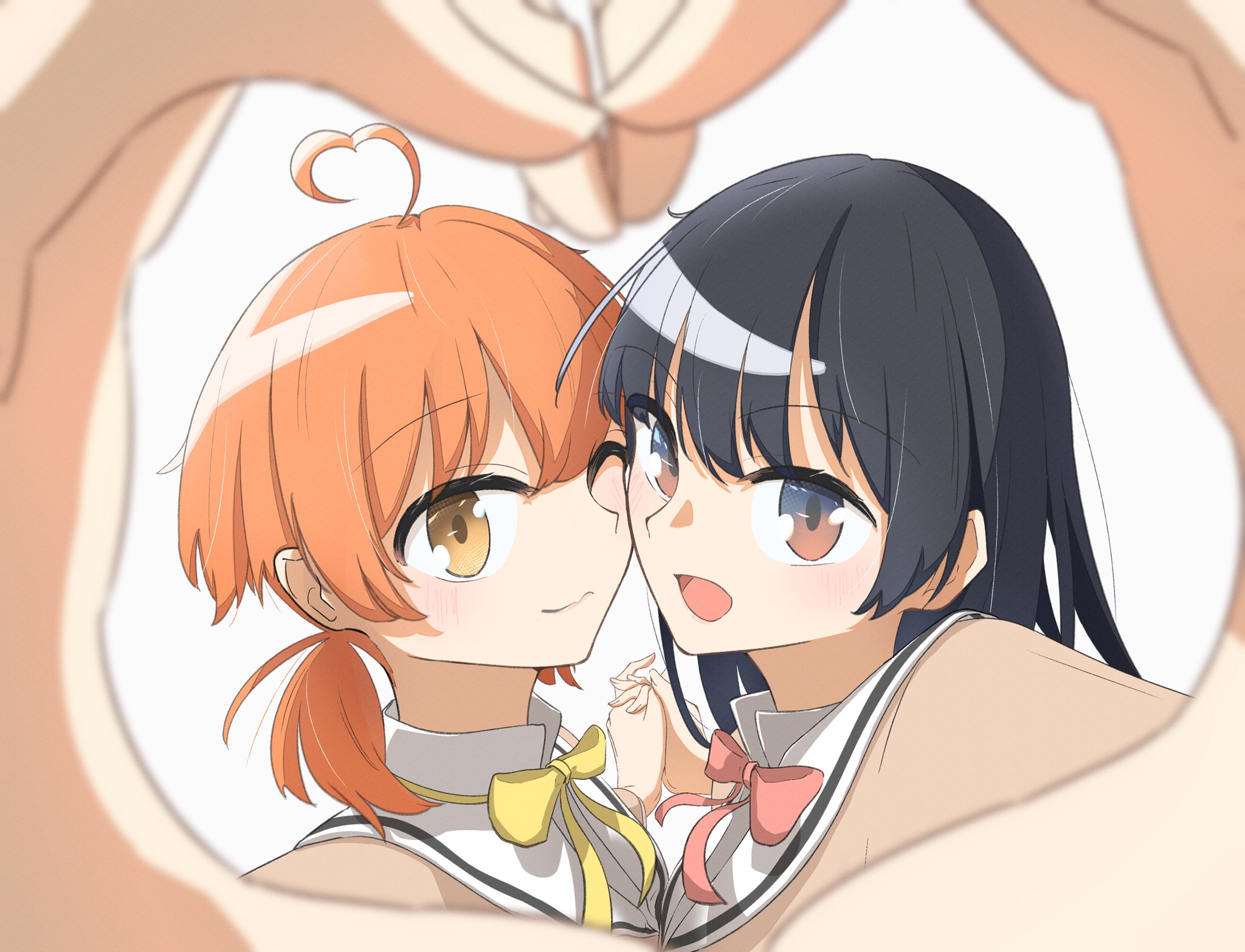 koito yuu, nanami touko, yagate kimi ni naru, commentary, hashtag-only commentary, highres, 2girls, ahoge, black eyes, black hair, brown eyes, closed mouth, heart, heart ahoge, heart hands, heart hands duo, holding hands, interlocked fingers, low twintails, multiple girls, neck ribbon, nobunaga (nbng g), one eye closed, open mouth, orange hair, red ribbon, ribbon, short hair, short twintails, twintails, yellow ribbon, yuri