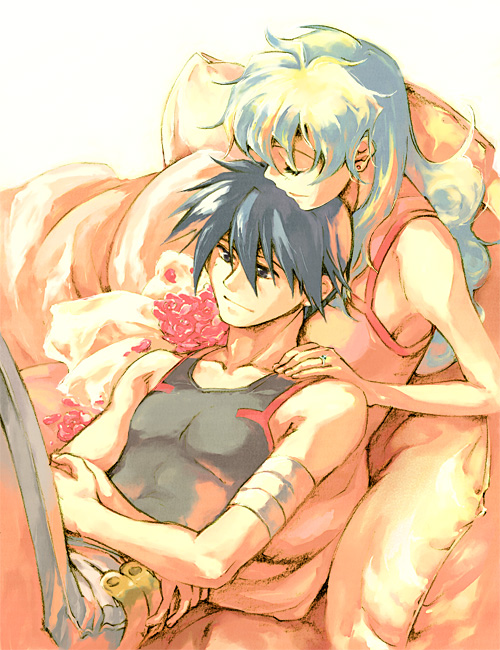 akutsu (yuumi), nia teppelin, simon (ttgl), tengen toppa gurren lagann, 00s, 1boy, 1girl, chin rest, couch, couple, head on head, head rest, hetero, hug, hug from behind, pillow, smile