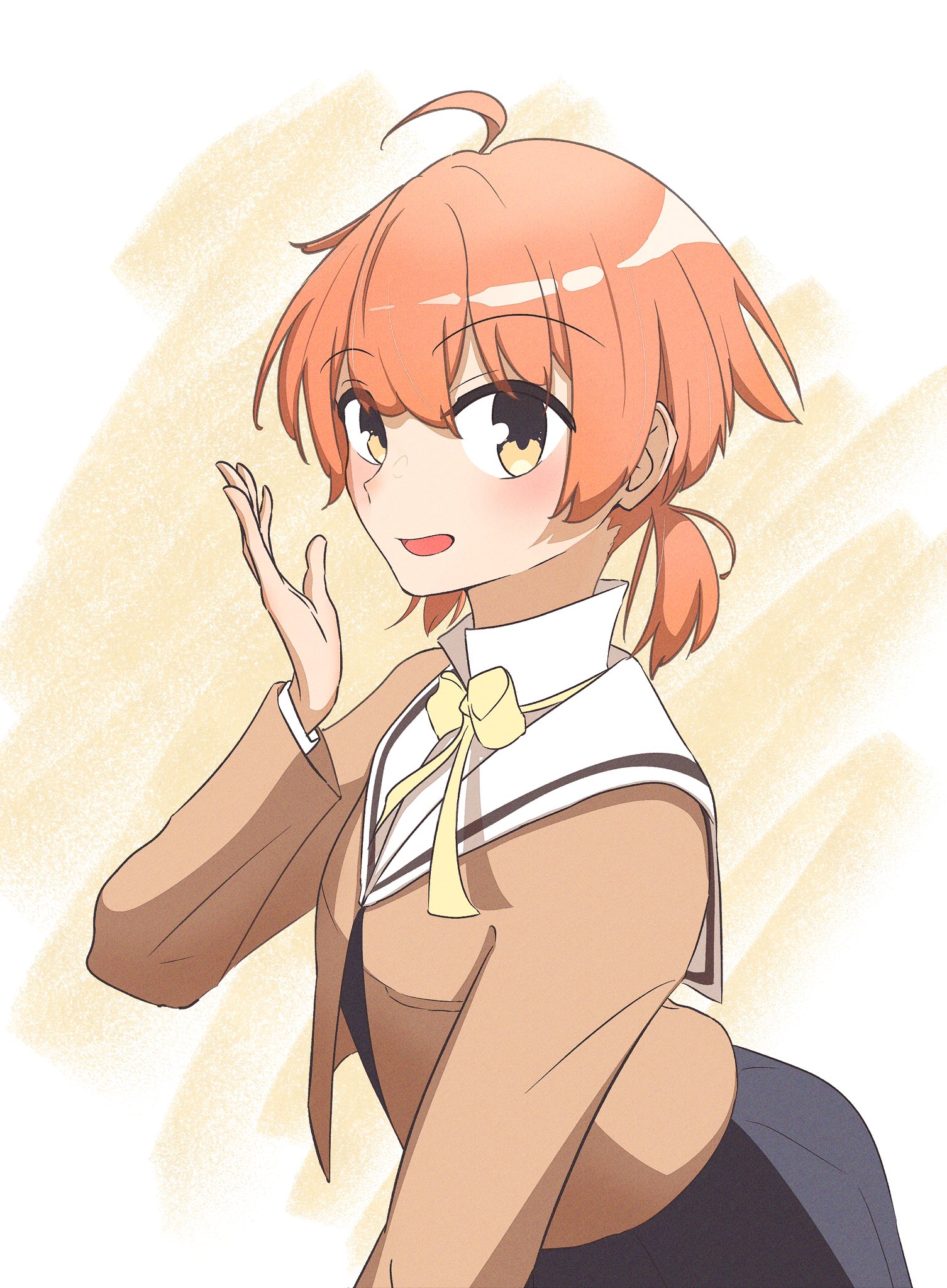 koito yuu, yagate kimi ni naru, commentary request, highres, 1girl, ahoge, brown eyes, brown shirt, hand up, long sleeves, low twintails, neck ribbon, nobunaga (nbng g), open mouth, orange hair, ribbon, sailor collar, school uniform, shirt, short hair, short twintails, solo, tohmi higashi high school uniform, twintails, white sailor collar, yellow ribbon