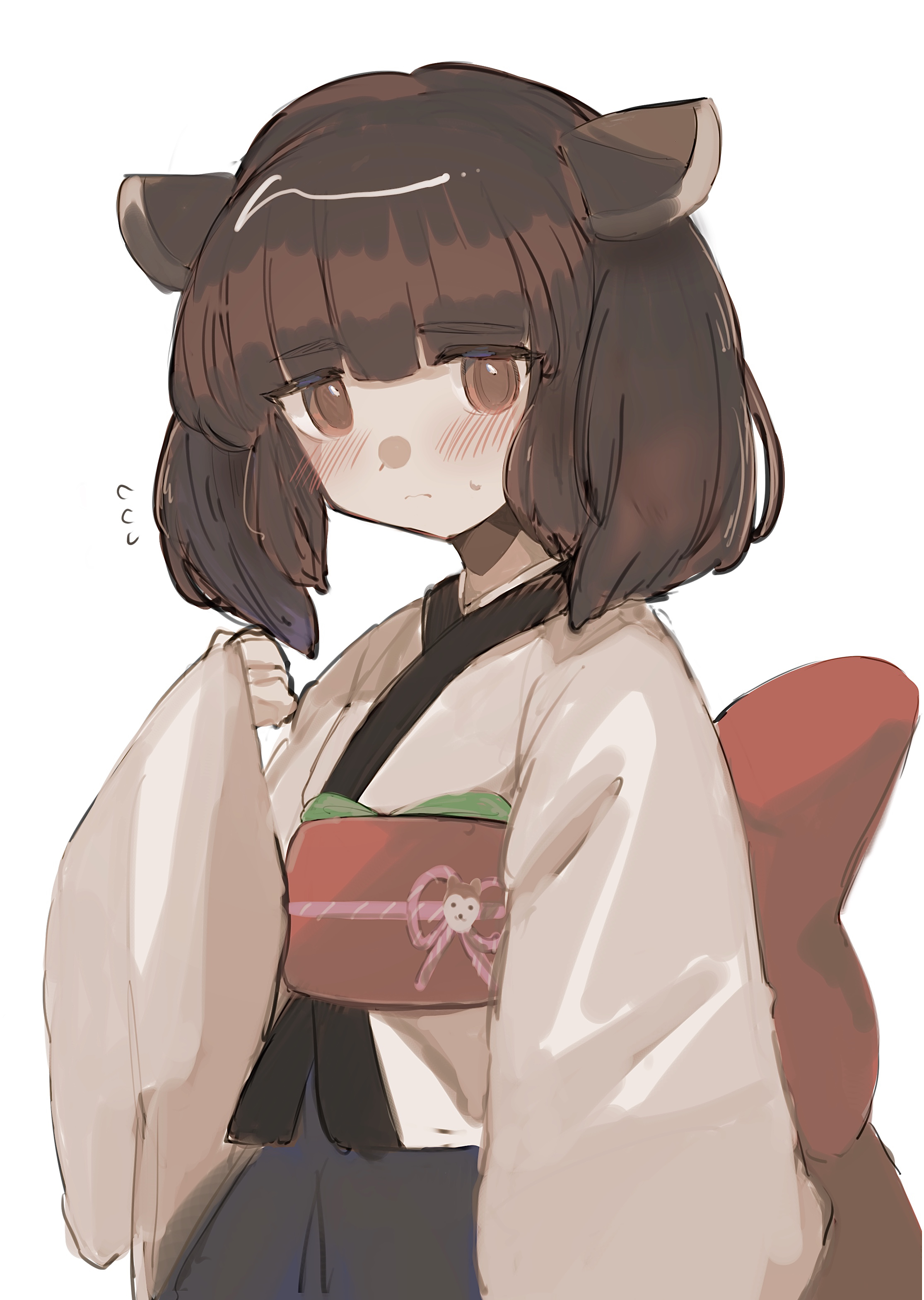 imamiya pinoko, touhoku kiritan, voiceroid, absurdres, highres, 1girl, blush, brown eyes, brown hair, flying sweatdrops, frown, japanese clothes, kimono, obi, sash, solo, twintails, white background, white kimono