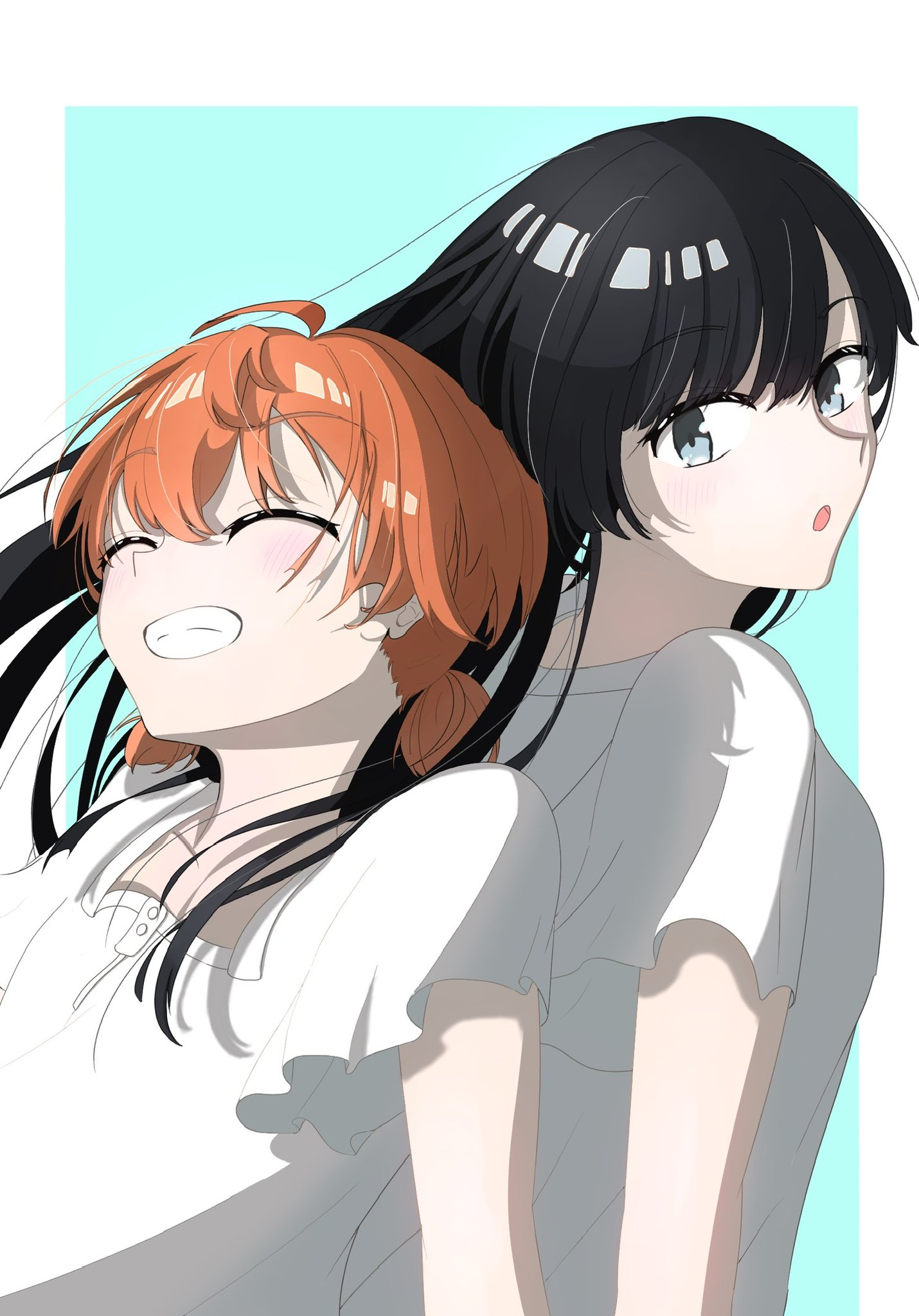 koito yuu, nanami touko, yagate kimi ni naru, commentary request, highres, 2girls, black hair, blue background, border, clenched teeth, closed eyes, long hair, low twintails, multiple girls, nobunaga (nbng g), orange hair, outside border, shirt, short hair, short sleeves, short twintails, simple background, teeth, twintails, upper body, white border, white shirt