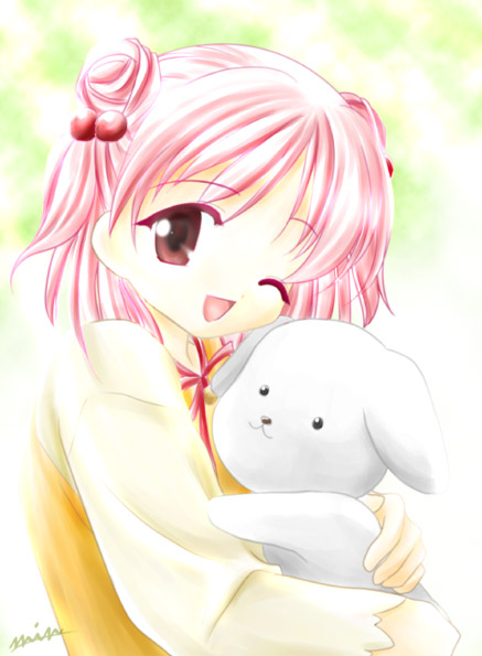 min, yagami coco, ever 17, 1girl, :3, ;d, baby animal, bell, dog, double bun, female focus, flat chest, fog, hair bobbles, hair bun, hair ornament, holding, hug, jingle bell, one eye closed, open mouth, pink eyes, pink hair, puppy, raglan sleeves, ribbon, short hair, short twintails, signature, smile, solo, stuffed animal, stuffed toy, twintails