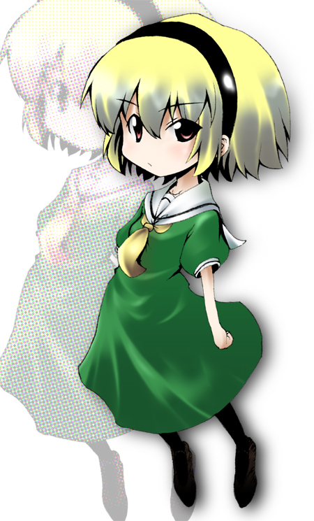 hazumi otoya, houjou satoko, higurashi no naku koro ni, 00s, blonde hair, hairband, pantyhose, red eyes, school uniform, serafuku, short hair, solo, zoom layer