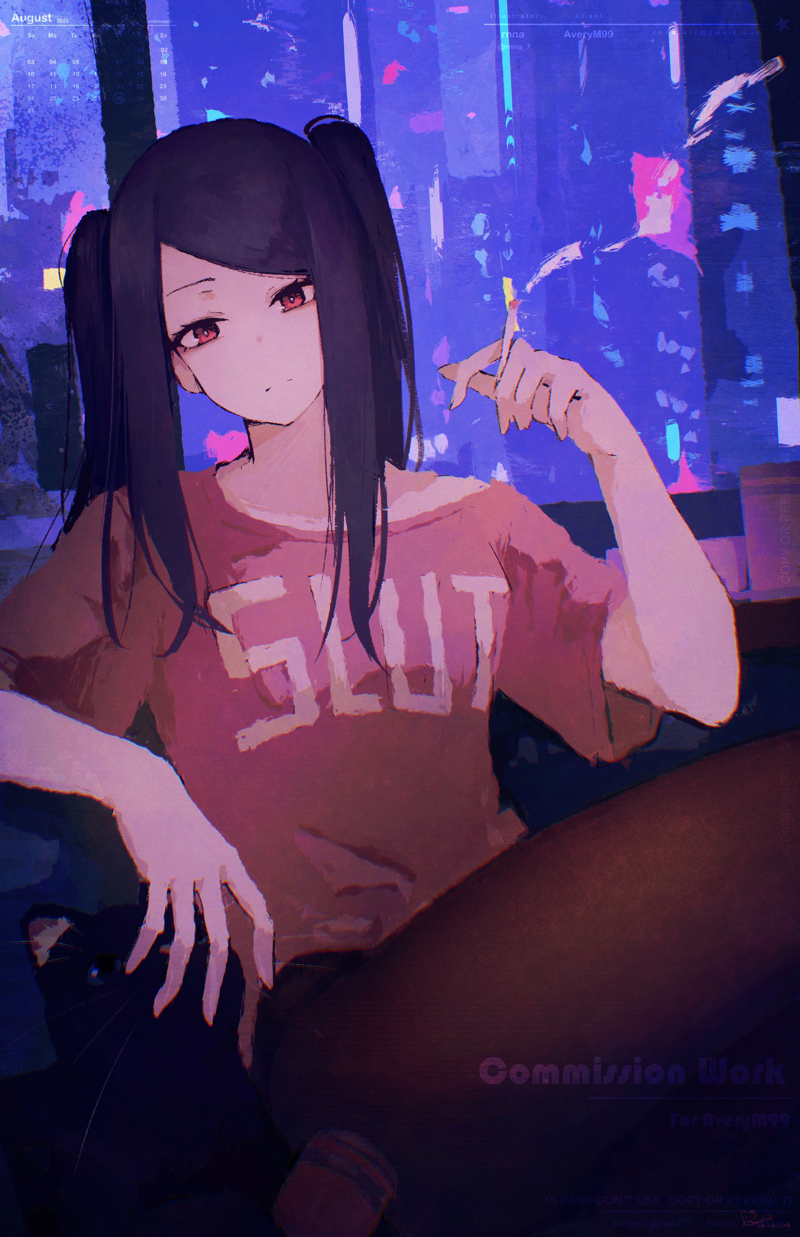 rnna, jill stingray, va-11 hall-a, absurdres, commentary, english commentary, highres, 1girl, black hair, black pantyhose, cat, cigarette, closed mouth, clothes writing, holding, holding cigarette, long hair, pantyhose, pink shirt, red eyes, shirt, short sleeves, sidelocks, smoke, solo, twintails