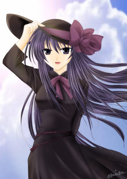 min, komachi tsugumi, ever 17, 1girl, :d, arm up, belt, blue eyes, blue hair, bow, bowtie, cloud, day, dress, female focus, goth fashion, hat, lace, long hair, matching hair/eyes, open mouth, outdoors, signature, sky, smile, solo, standing, sun hat, very long hair, wind