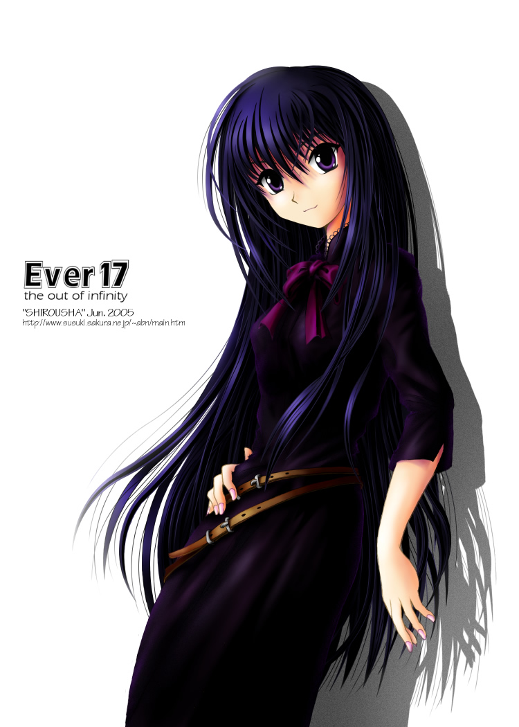 abn, komachi tsugumi, ever 17, 1girl, against wall, belt, blue hair, bow, bowtie, dress, english text, engrish text, female focus, goth fashion, hand on own hip, lace, long hair, nail polish, pink nails, purple eyes, ranguage, shadow, simple background, smile, solo, standing, very long hair